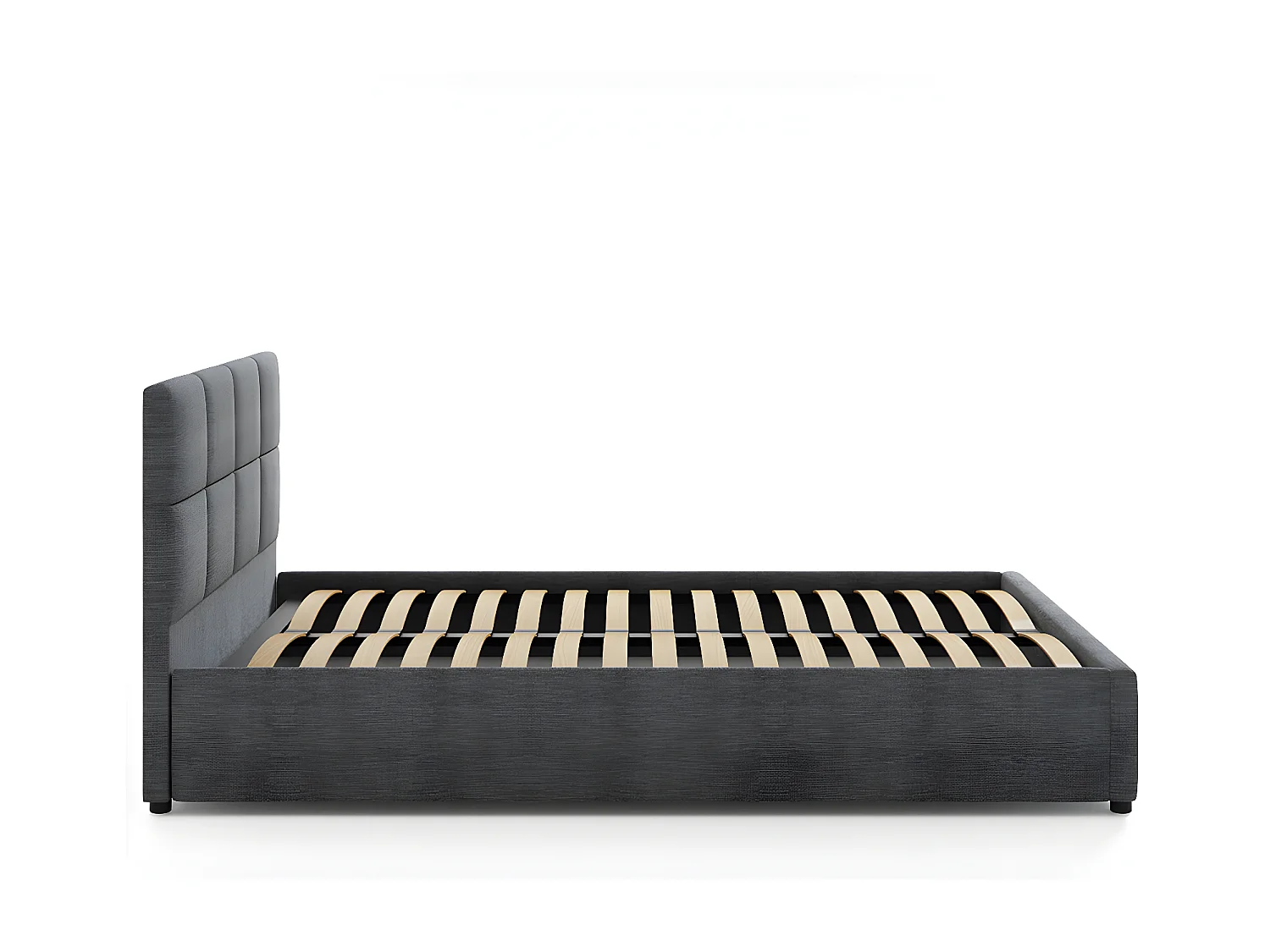 Lit tapissé 160x200 gris avec rangement et tête de lit