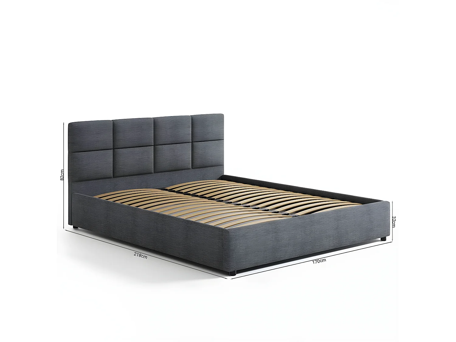 Lit tapissé 160x200 gris avec rangement et tête de lit