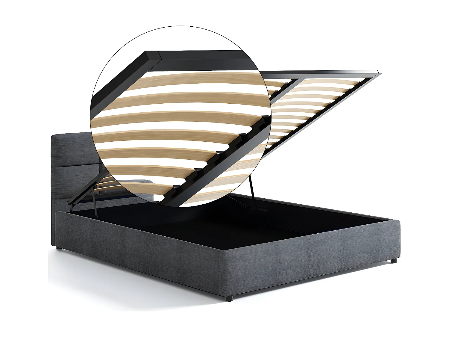 Lit tapissé 160x200 gris avec rangement et tête de lit