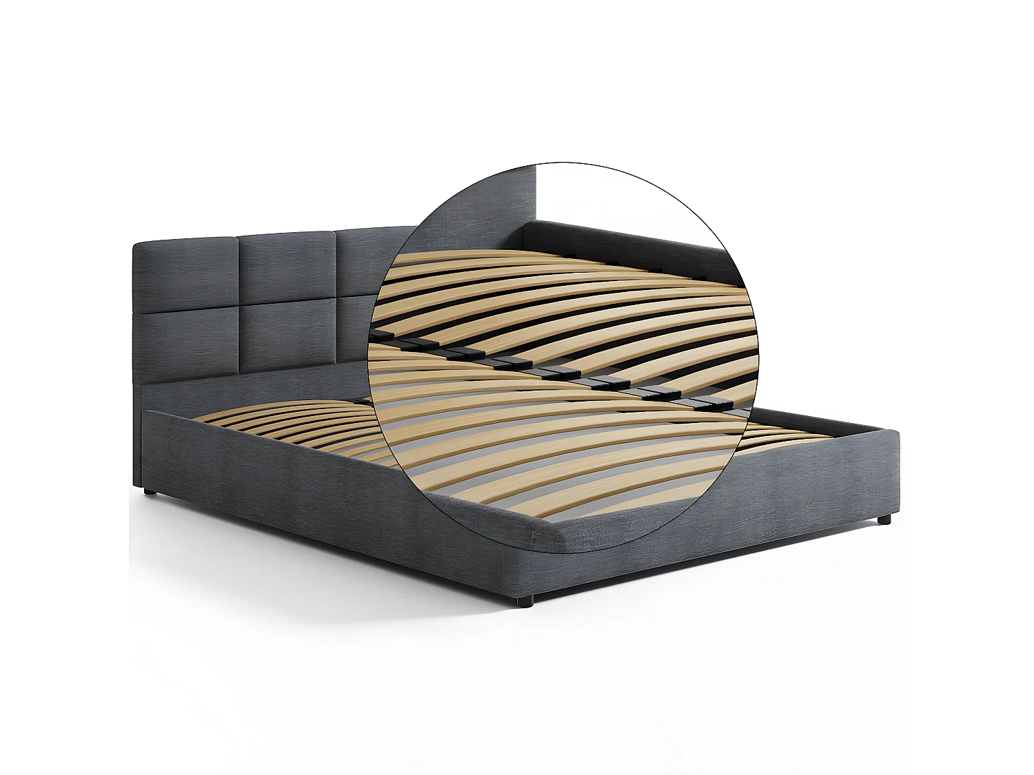 Lit tapissé 160x200 gris avec rangement et tête de lit