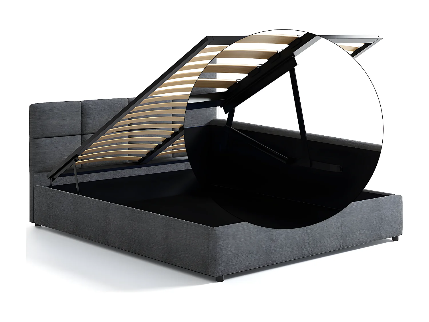 Lit tapissé 160x200 gris avec rangement et tête de lit