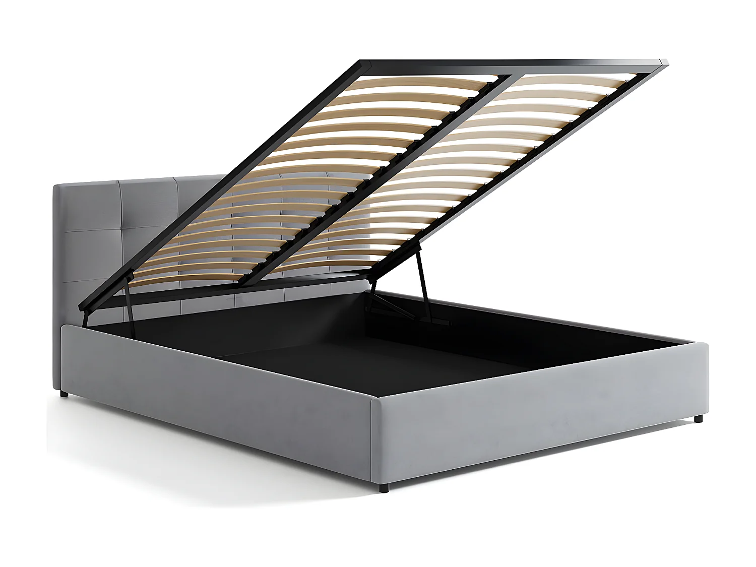 Lit tapissé 140x200 gris avec rangement et tête de lit