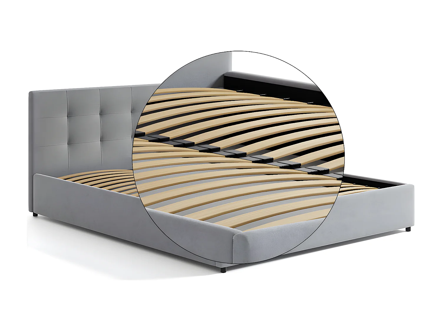 Lit tapissé 140x200 gris avec rangement et tête de lit