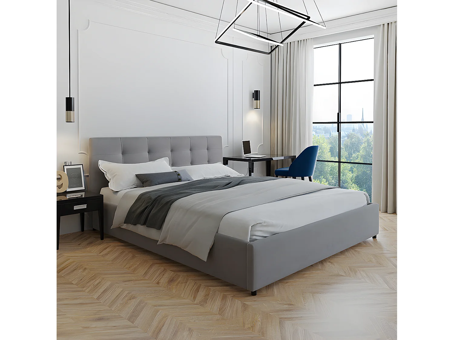 Lit tapissé 140x200 gris avec rangement et tête de lit