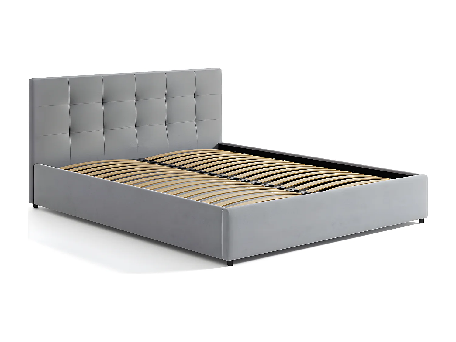 Lit tapissé 140x200 gris avec rangement et tête de lit