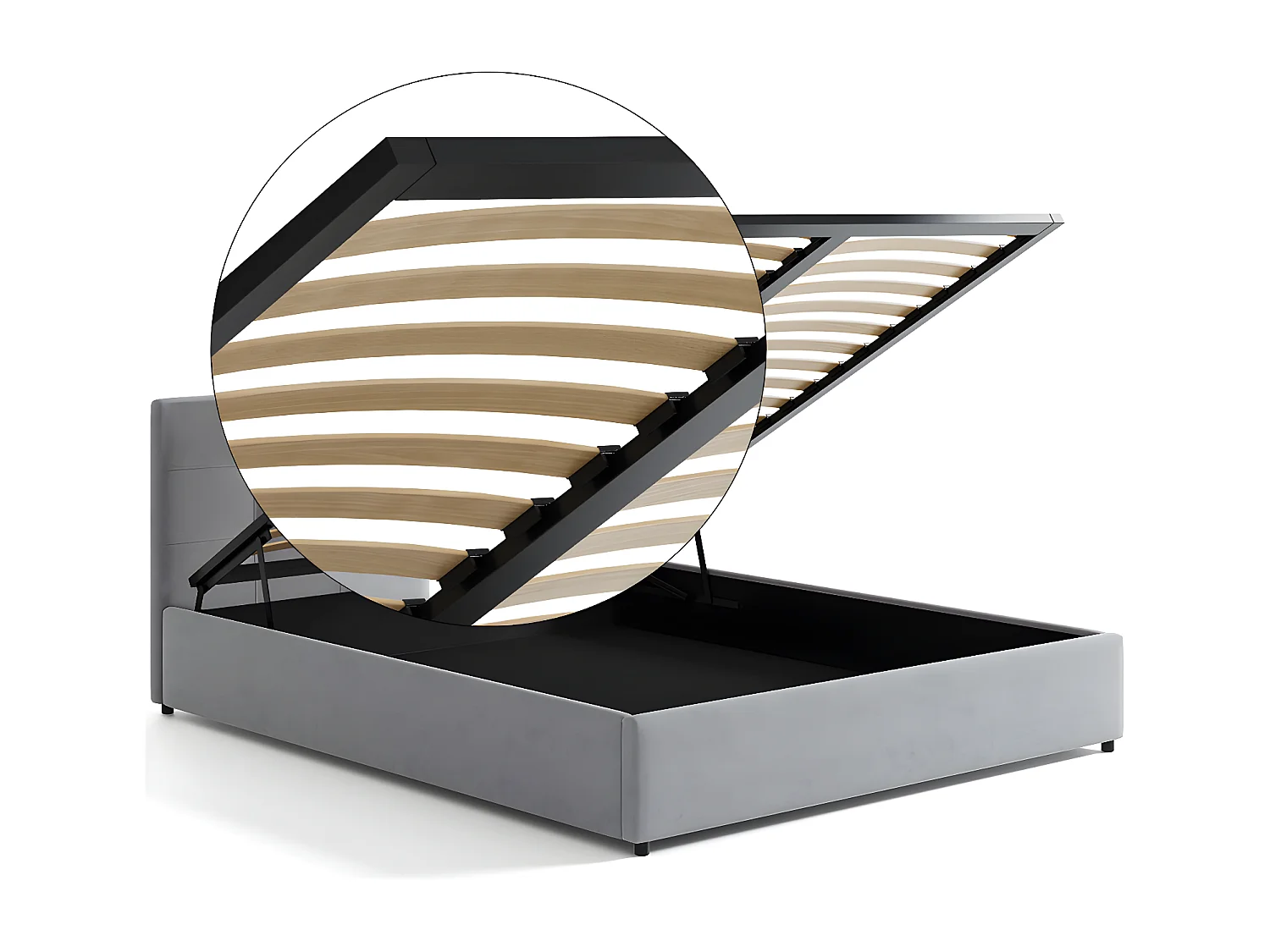 Lit tapissé 140x200 gris avec rangement et tête de lit