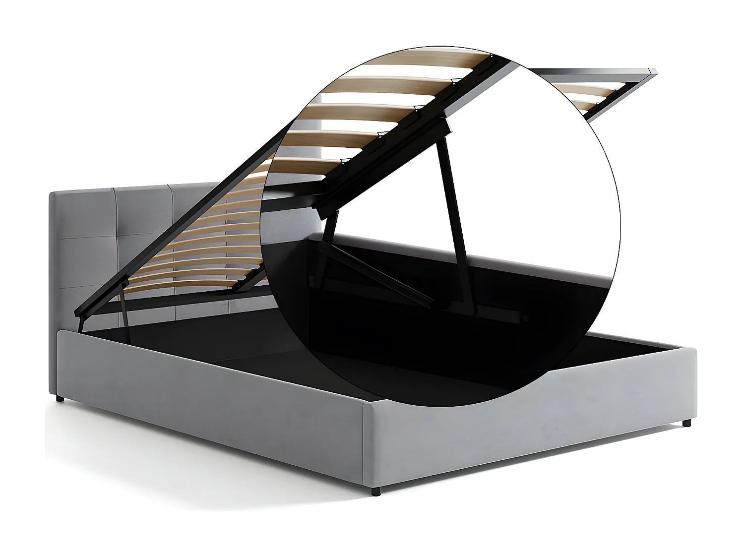 Lit tapissé 140x200 gris avec rangement et tête de lit