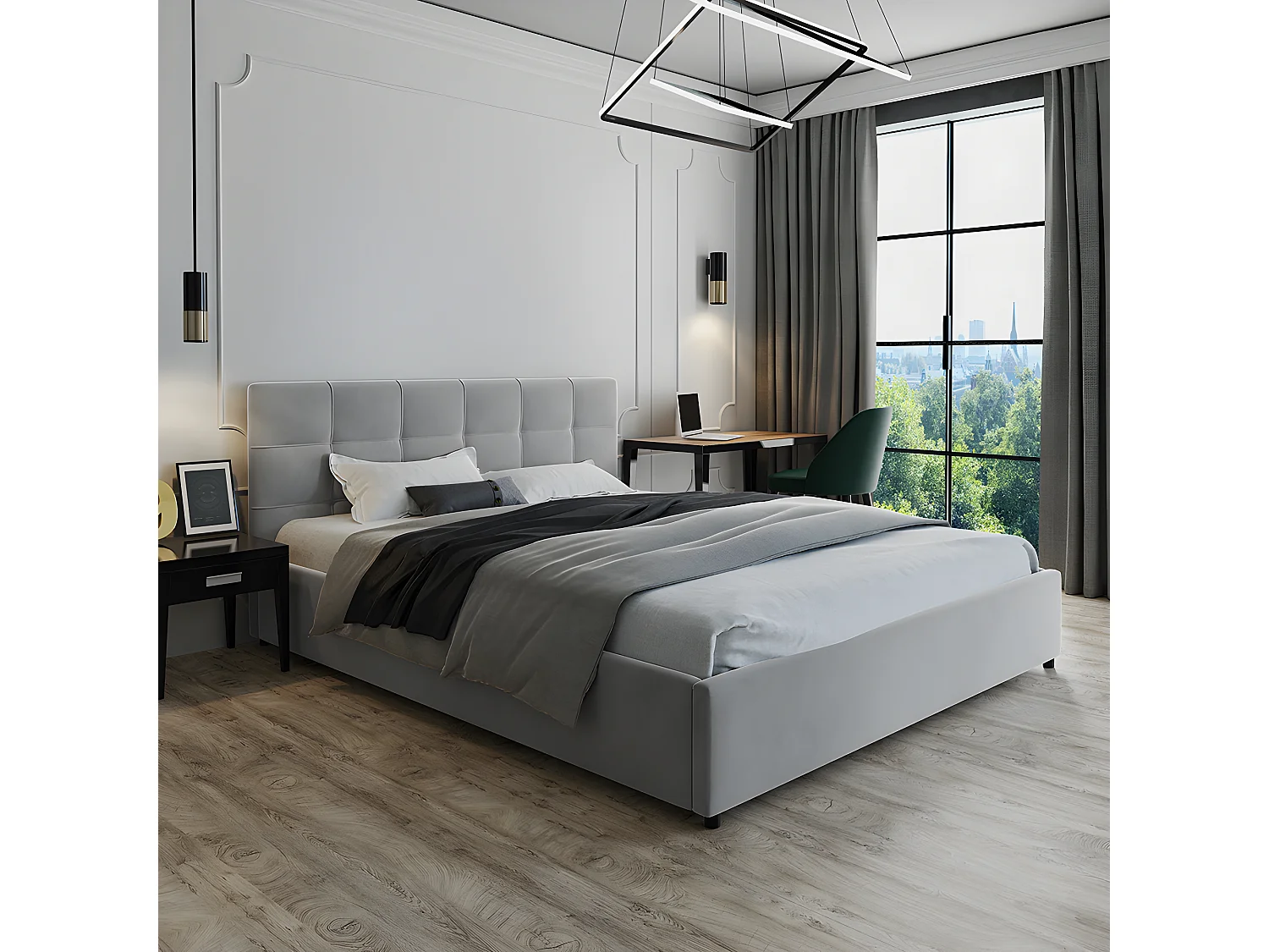 Lit tapissé 140x200 gris avec rangement et tête de lit