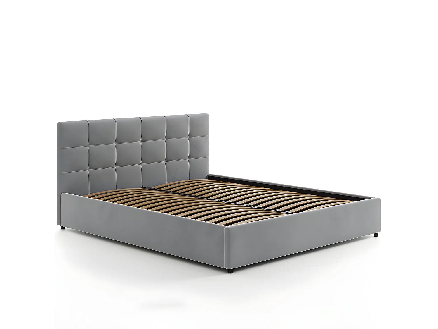 Lit tapissé 140x200 gris avec rangement et tête de lit