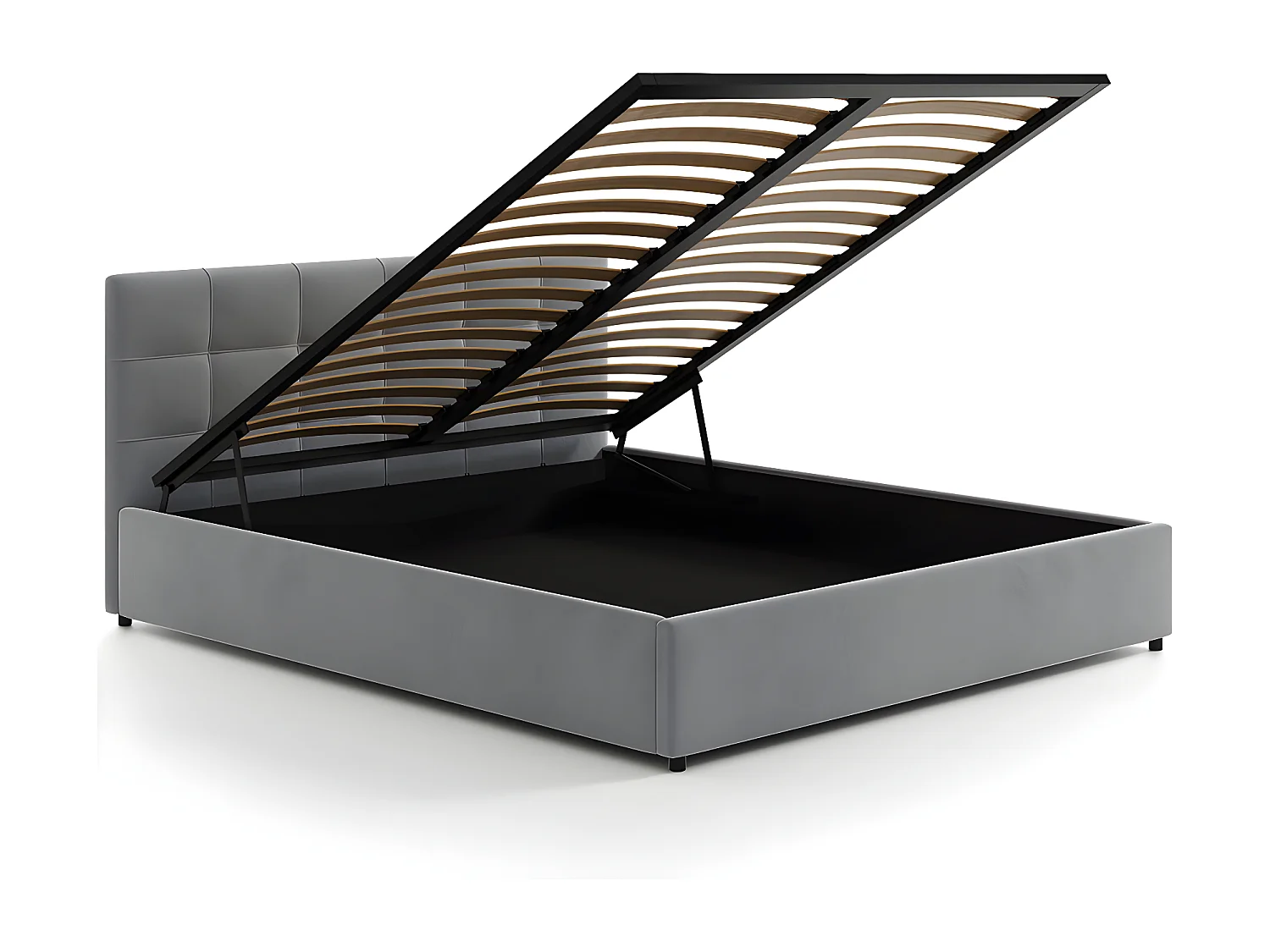 Lit tapissé 140x200 gris avec rangement et tête de lit