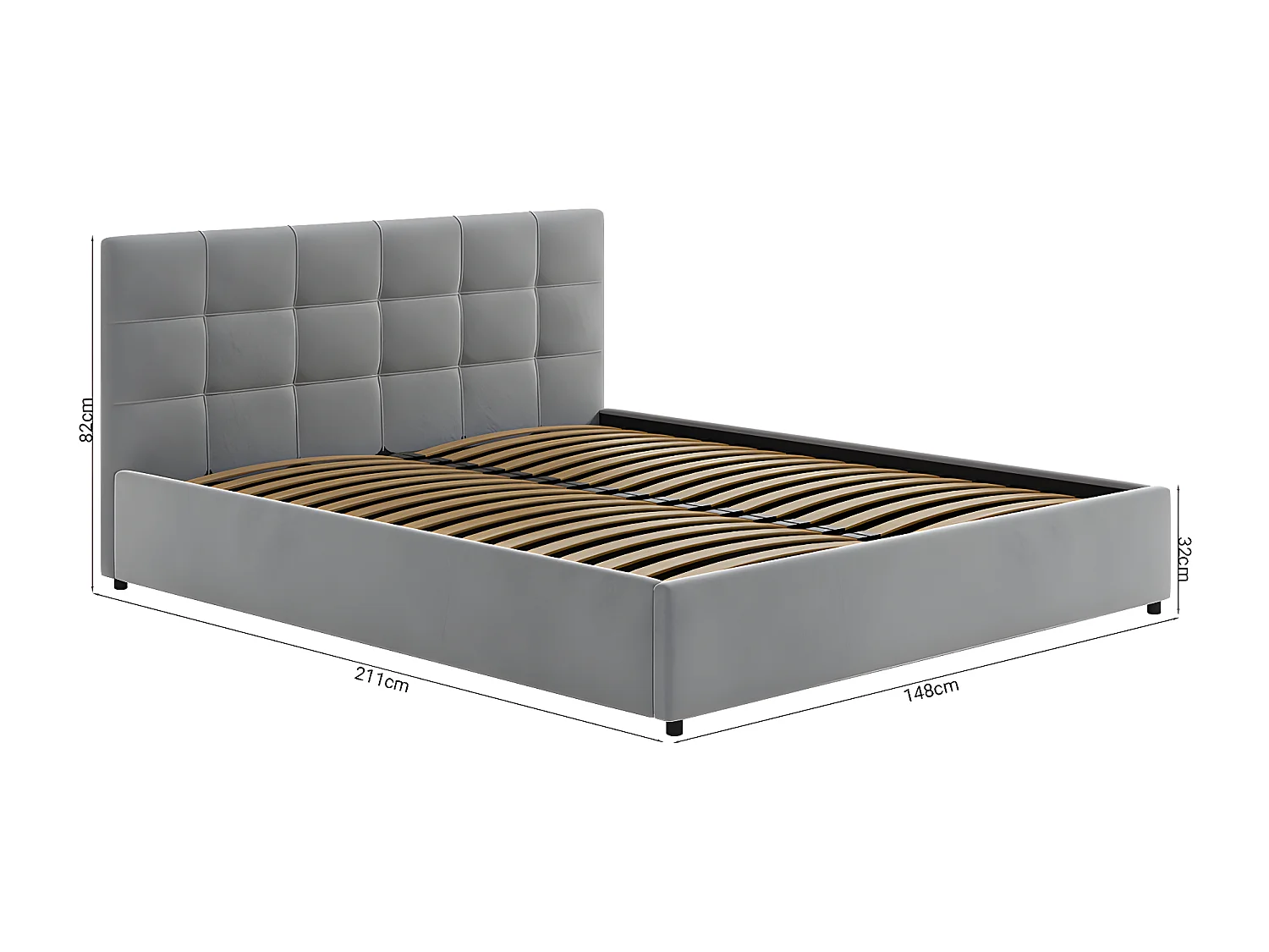 Lit tapissé 140x200 gris avec rangement et tête de lit
