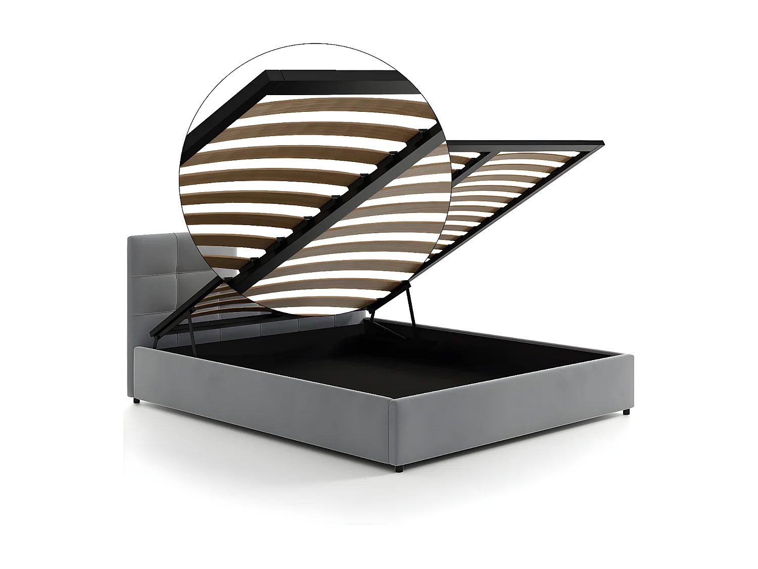 Lit tapissé 140x200 gris avec rangement et tête de lit