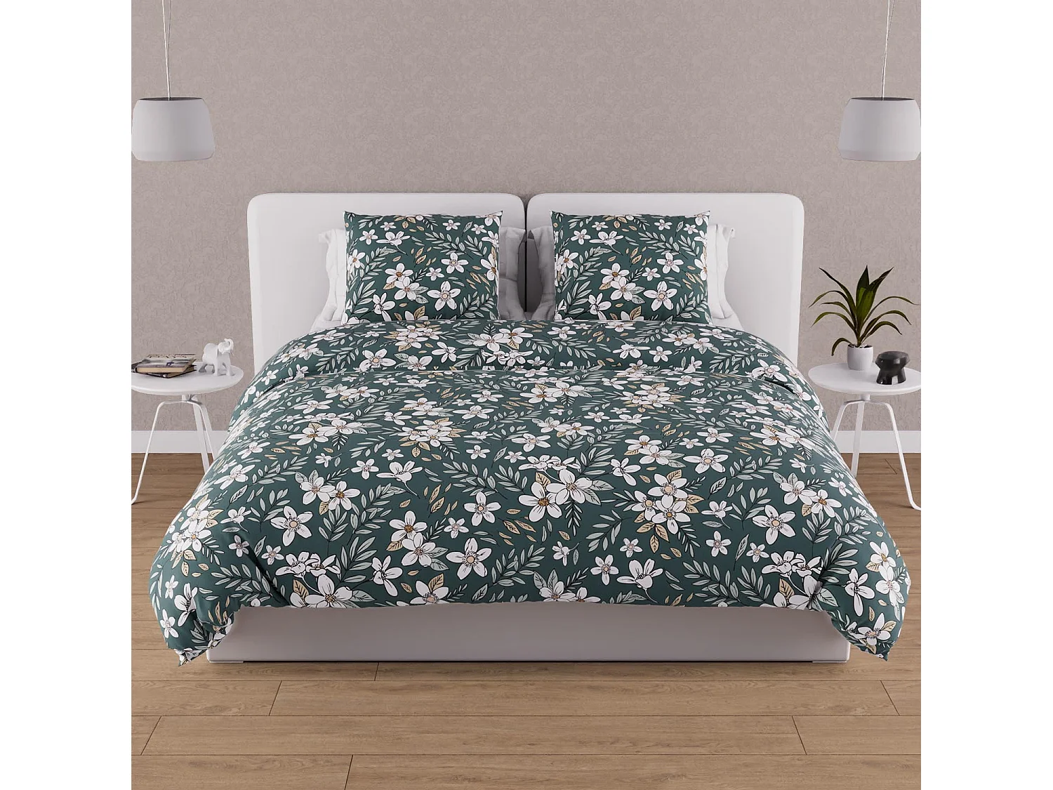 Parure housse de couette en coton 57 fils 260x240 cm MANON vert, par Soleil d'ocre