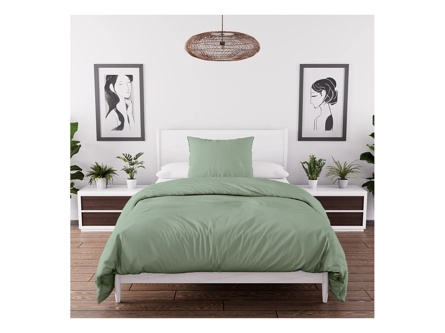 Parure de couette en microfibre lavée 140x200 cm BOHEME vert d'eau, par Soleil d'Ocre