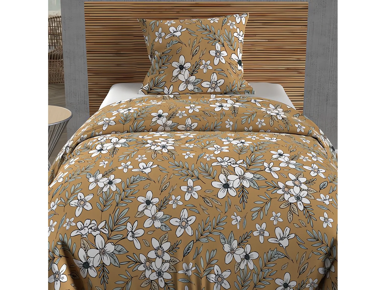 Parure housse de couette coton 57 fils 140x200 cm MANON camel, par Soleil d'ocre