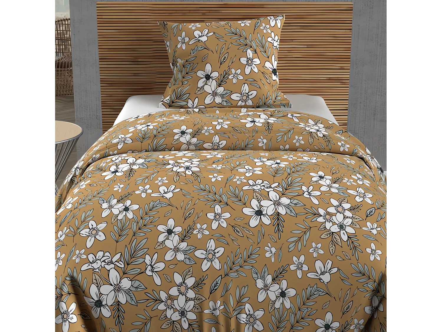 Parure housse de couette coton 57 fils 140x200 cm MANON camel, par Soleil d'ocre