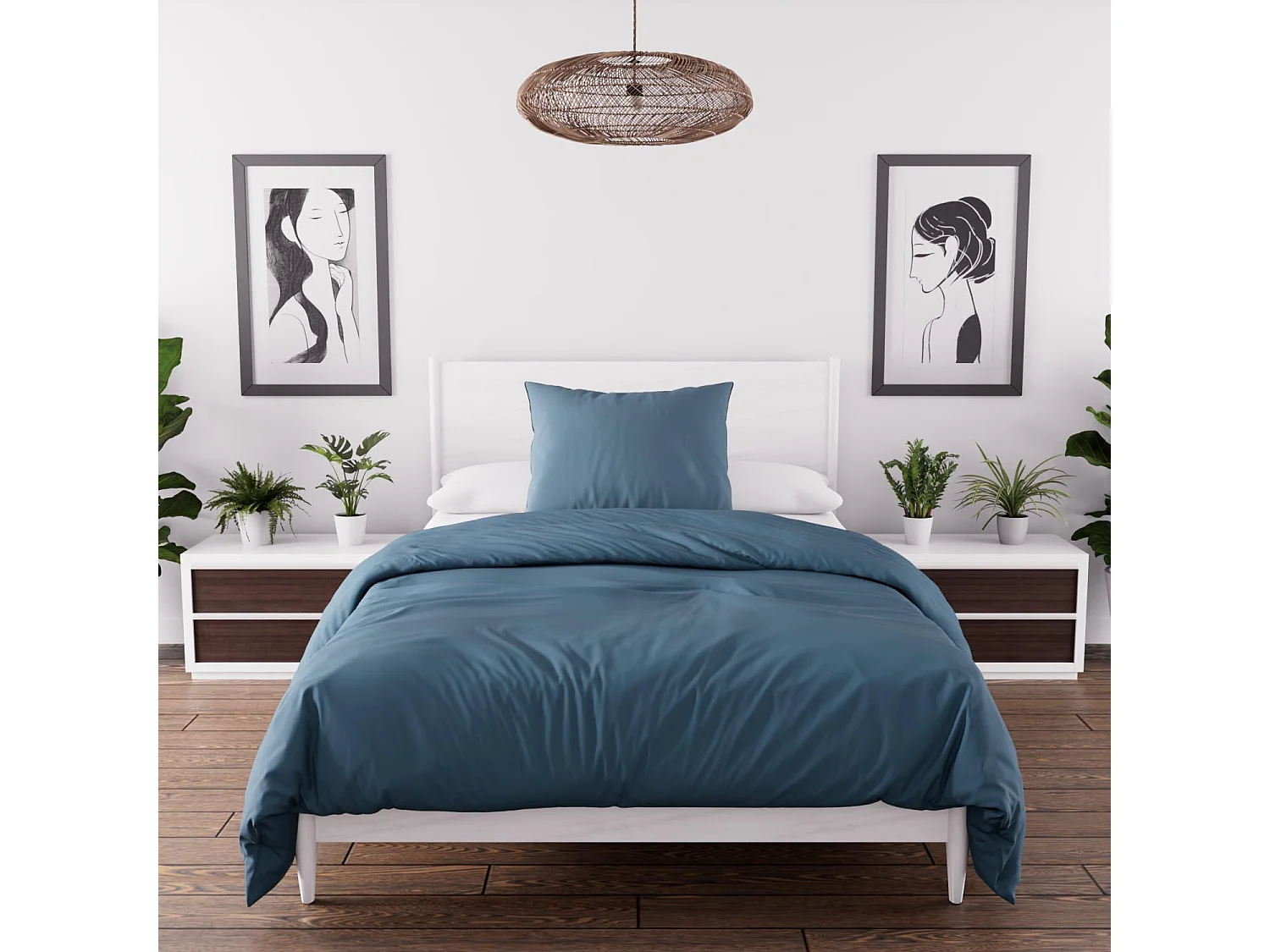 Parure housse de couette en microfibre lavée 140x200 cm BOHEME bleu canard, par Soleil d'Ocre