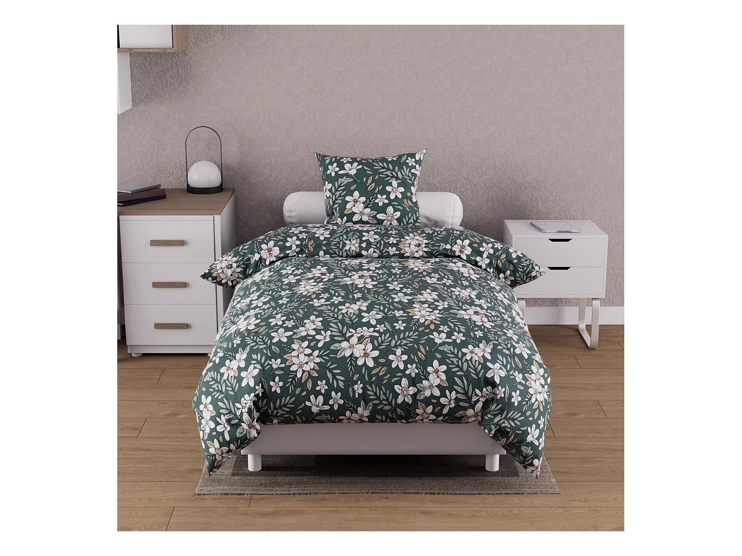 Parure housse de couette coton 57 fils 140x200 cm MANON vert, par Soleil d'ocre