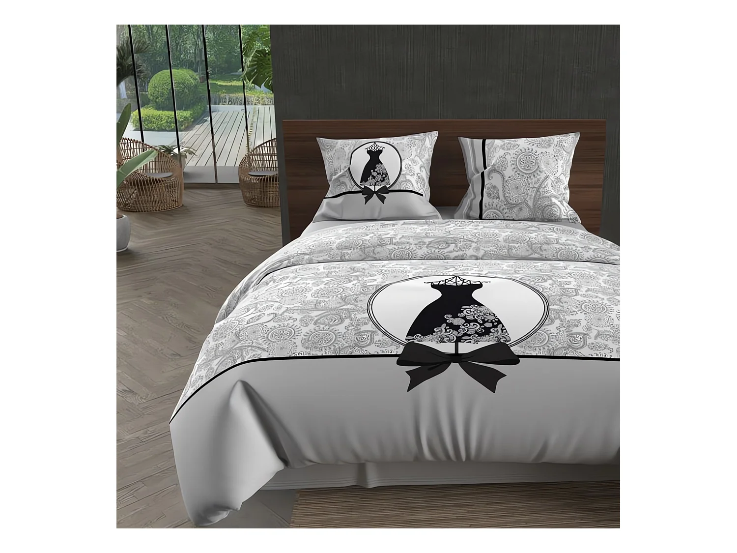 Parure housse de couette coton 57 fils 240X220 cm BLACK DRESS, par Soleil d'Ocre