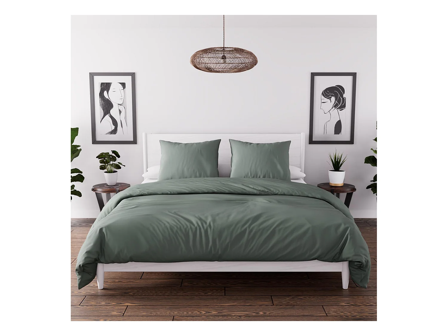 Parure housse de couette en microfibre lavée 260x240 cm BOHEME vert kaki, par Soleil d'Ocre