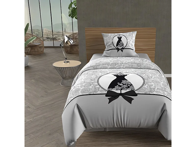 Parure housse de couette coton 57 fils 140X200 cm BLACK DRESS, par Soleil d'Ocre