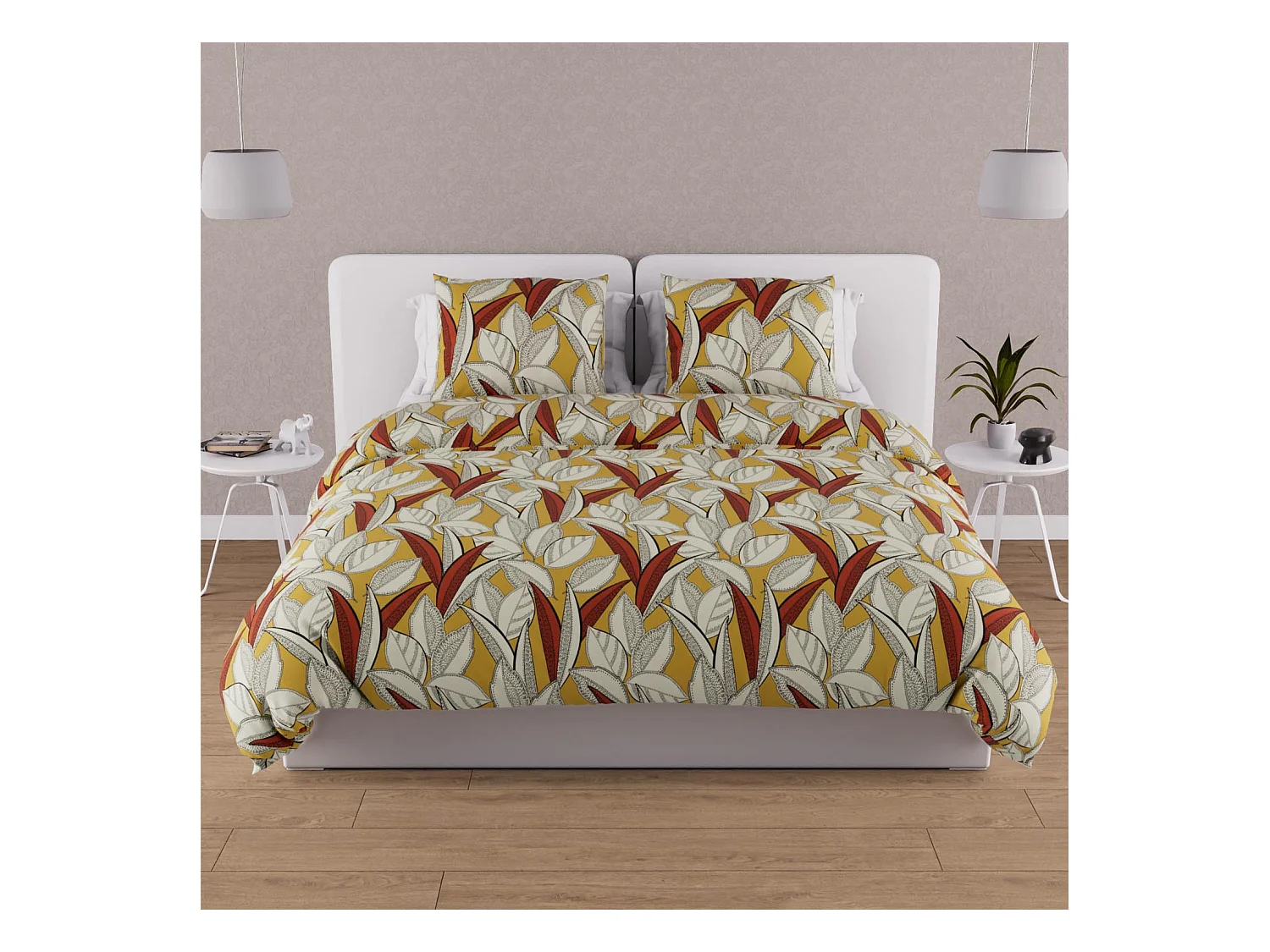 Parure housse de couette en coton 57 fils 240x220 cm TOGO moutarde, par Soleil d'ocre