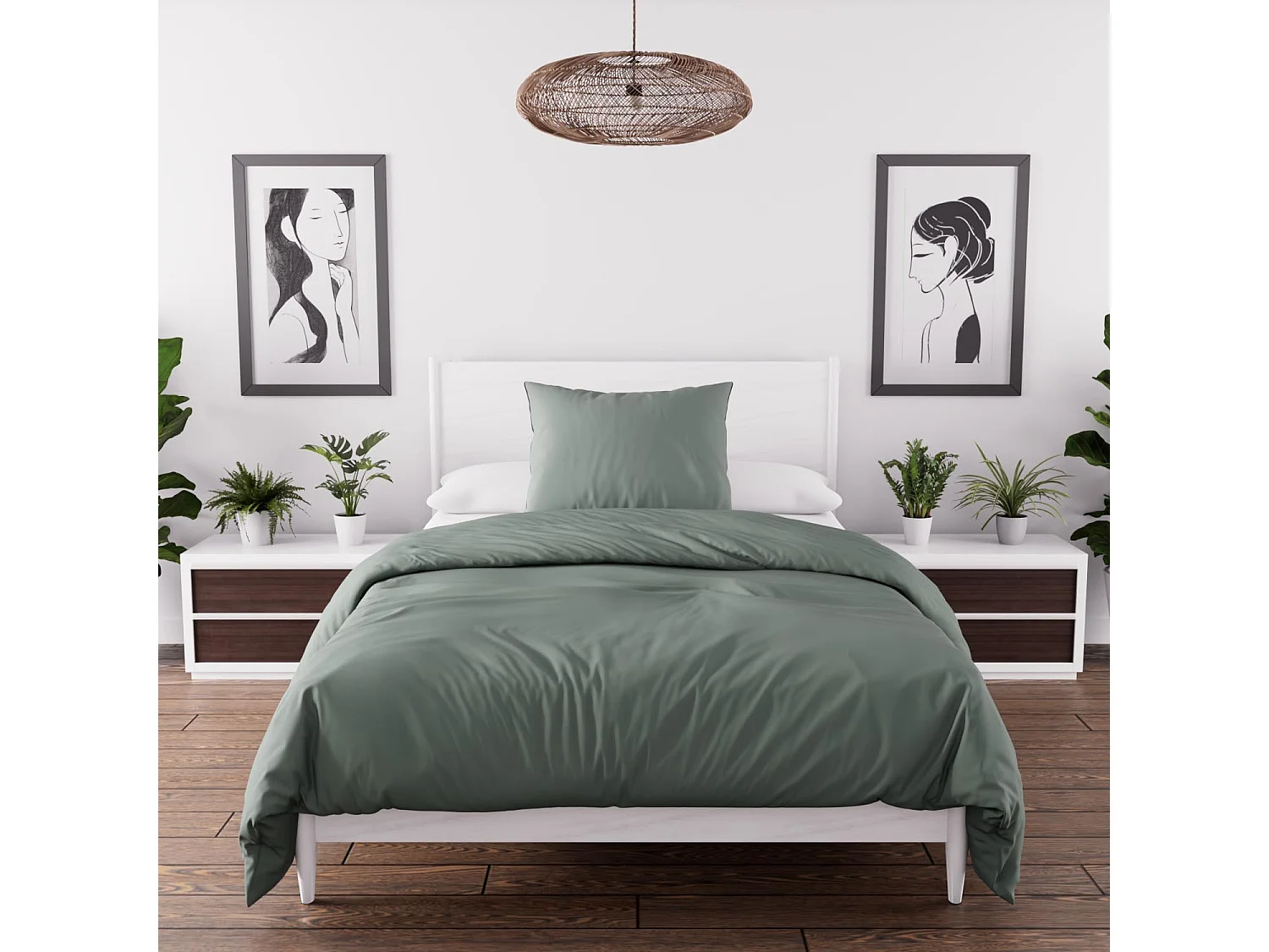 Parure housse de couette en microfibre lavée 140x200 cm BOHEME vert kaki, par Soleil d'Ocre