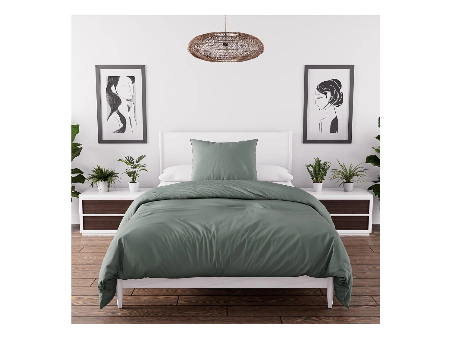 Parure housse de couette en microfibre lavée 140x200 cm BOHEME vert kaki, par Soleil d'Ocre