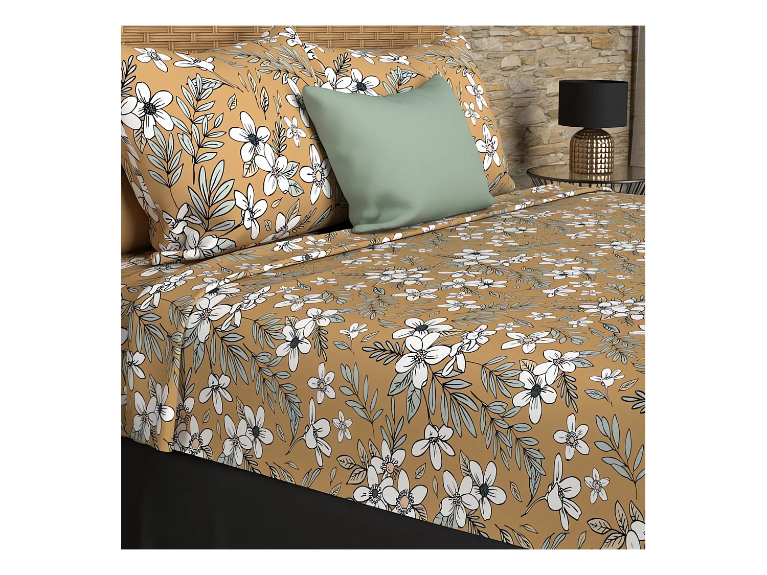Parure de draps coton 57 fils 240x290 cm MANON camel, par Soleil d'ocre