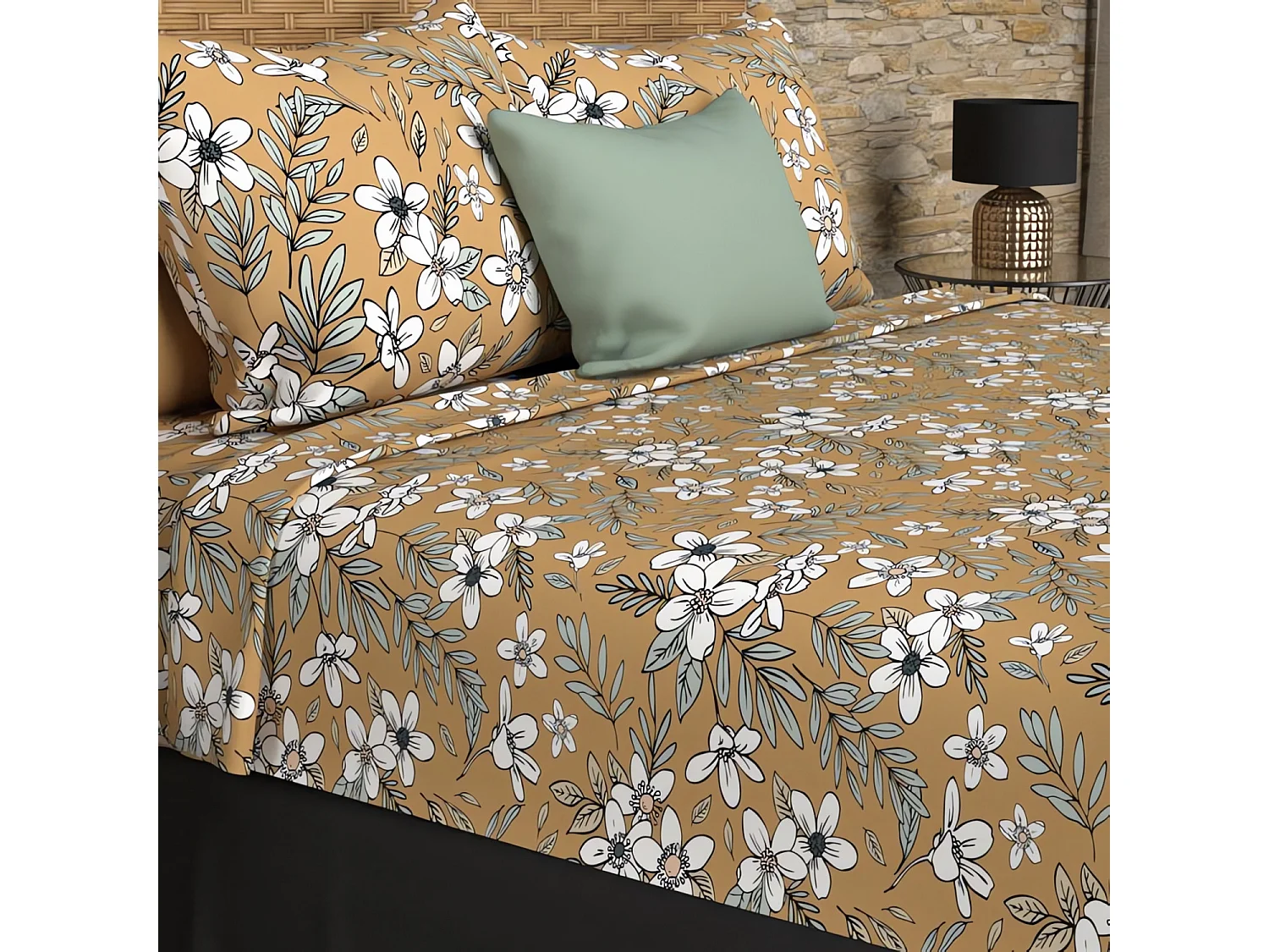 Parure de draps coton 57 fils 240x290 cm MANON camel, par Soleil d'ocre