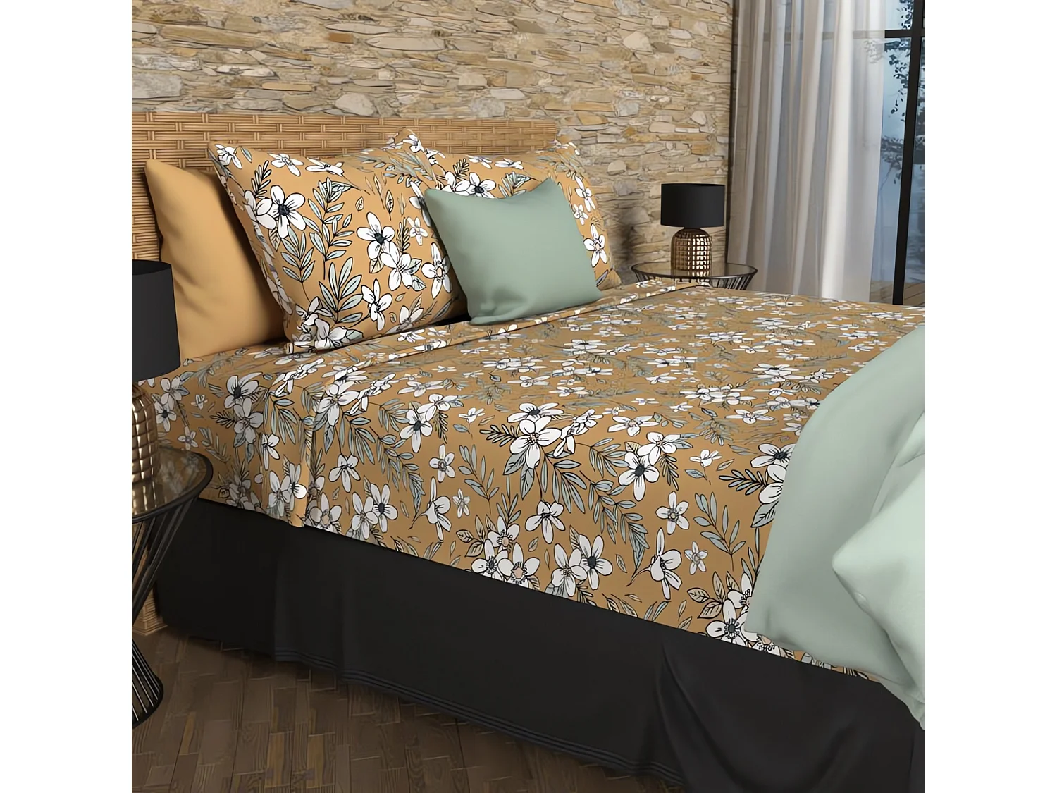 Parure de draps coton 57 fils 240x290 cm MANON camel, par Soleil d'ocre