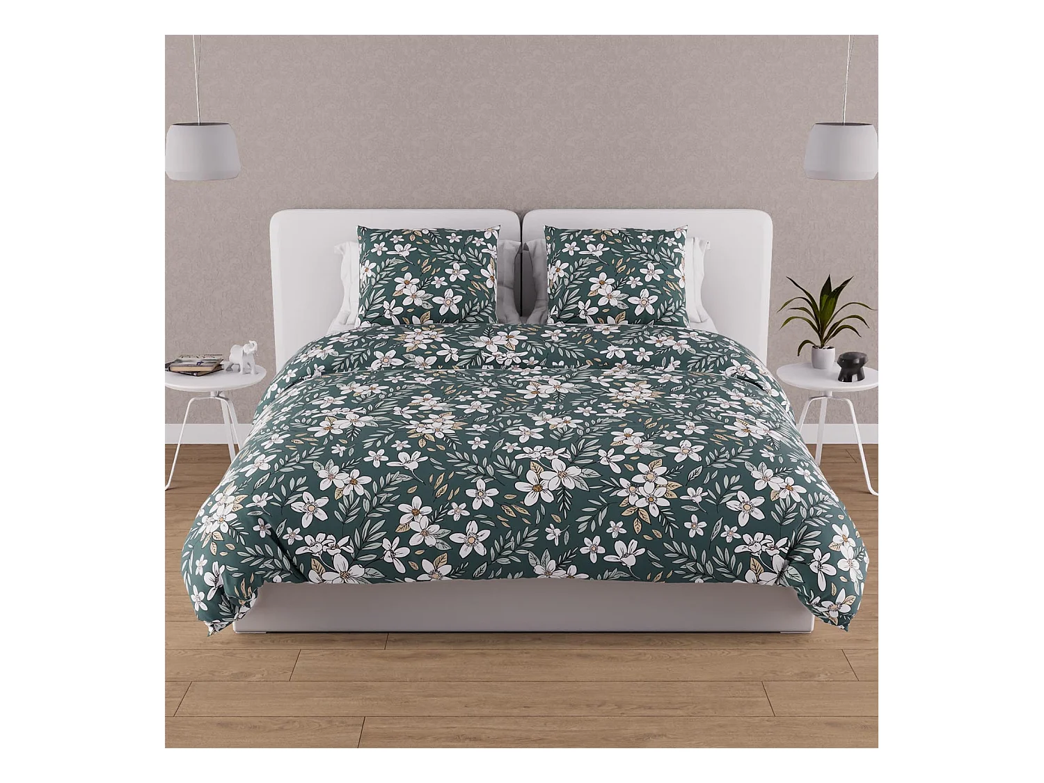 Parure housse de couette en coton 57 fils 240x220 cm MANON vert, par Soleil d'ocre