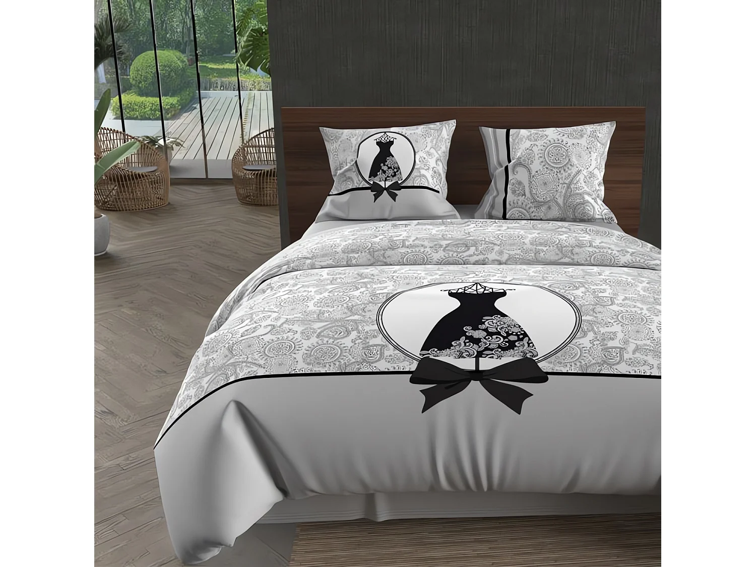 Parure housse de couette coton 57 fils 260X240 cm BLACK DRESS, par Soleil d'Ocre