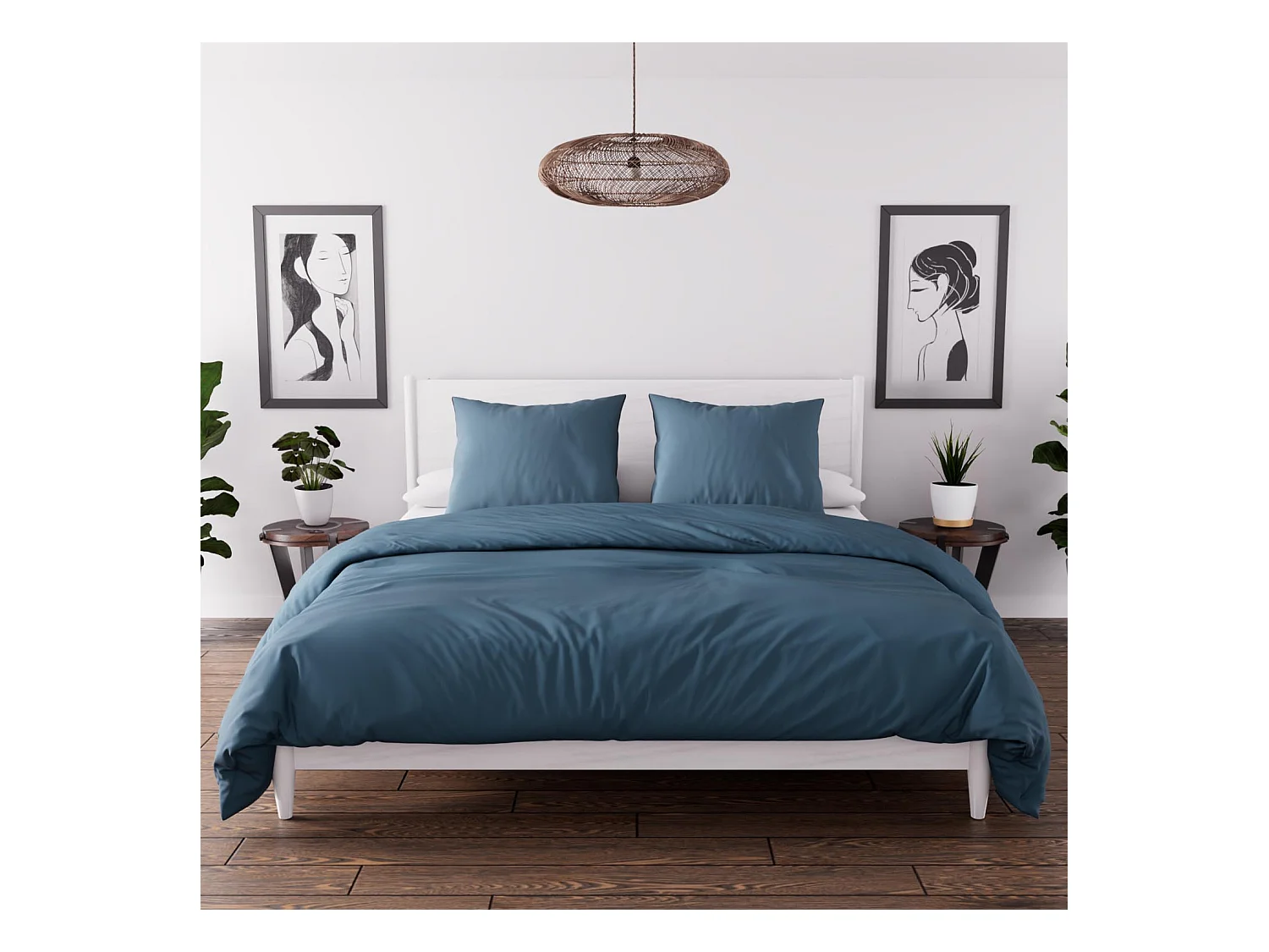 Parure housse de couette en microfibre lavée 260x240 cm BOHEME bleu canard, par Soleil d'Ocre