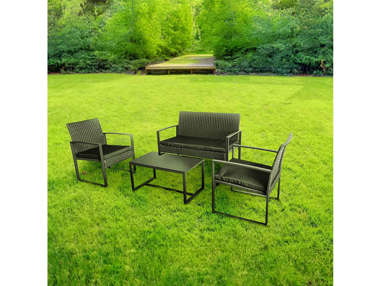 Acqua Chiara - Conjunto de móveis de jardim em metal e polyrattan com mesa de café de vidro