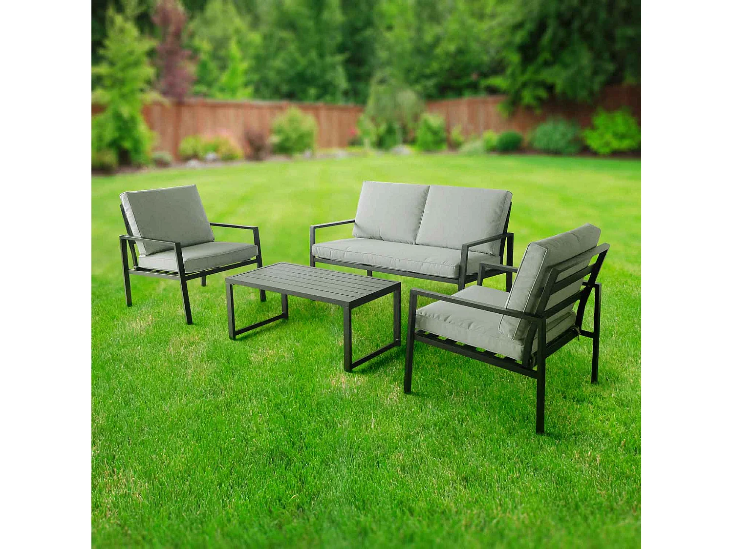 Rugiada - Salon de jardín de aluminio con cojines - sofá, 2 sillones, mesa de centro