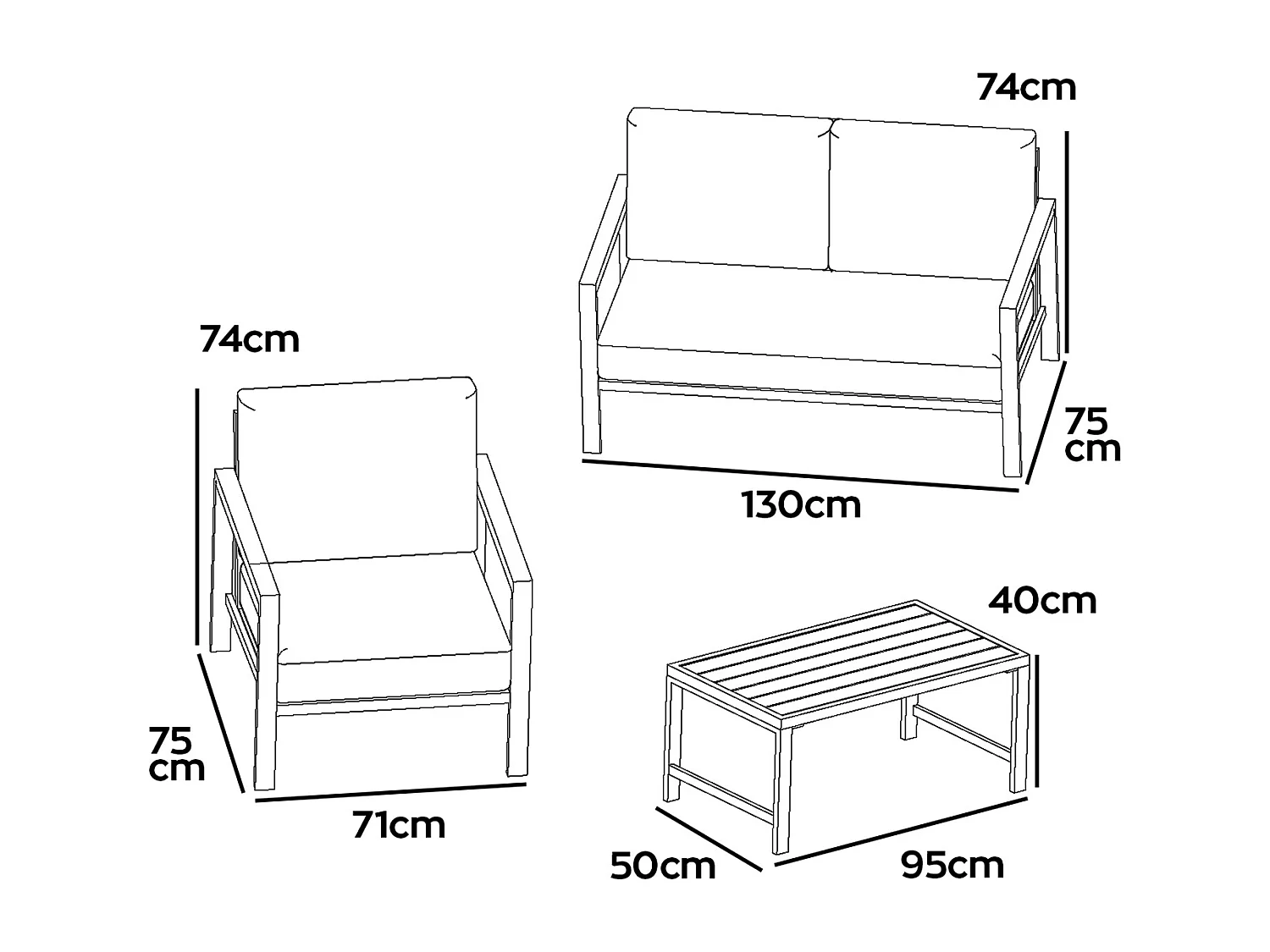 Rugiada - Set salotto da esterno in alluminio con cuscini - 2 poltrone, divano e tavolino