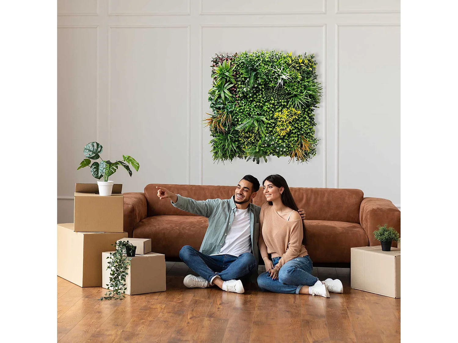 Primavera - Jardín vertical con hojas y flores, panel 100x100 cm