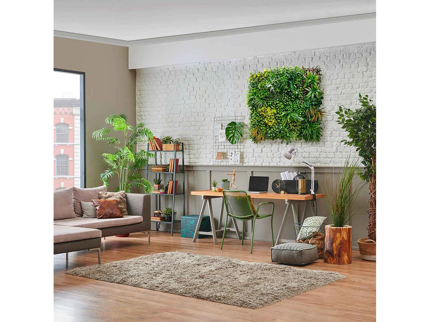 Primavera - Jardín vertical con hojas y flores, panel 100x100 cm