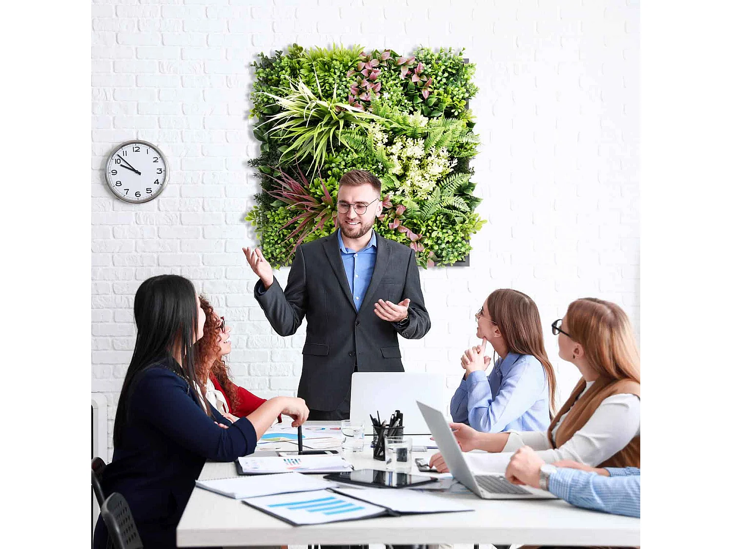 Liana - Quadro vegetale con foglie e fiori, cornice nera in PVC, 50x50 cm