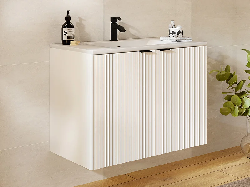 Szafka łazienkowa wisząca  w paski z umywalką do zabudowy – Biała – 80 cm – PARMIZA