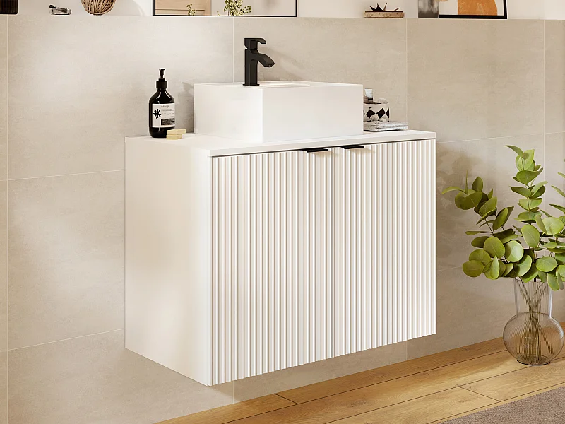 Meuble de salle de bain suspendu strié avec vasque à poser - Blanc - 80 cm - PARMIZA