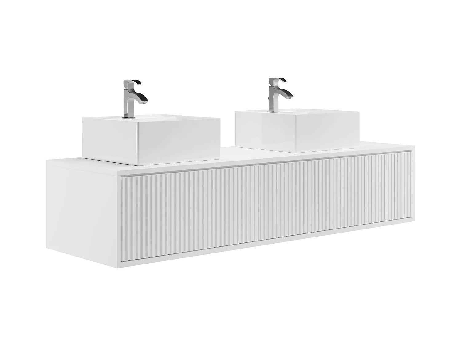 Zwevend, geribbeld wastafelmeubel met dubbele wastafel - Wit - 150 cm - ARNEGA