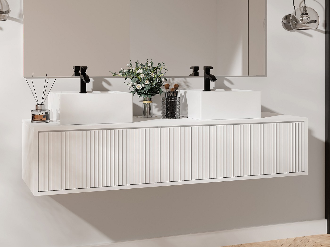 Meuble de salle de bain suspendu strié avec double vasque, Blanc mat