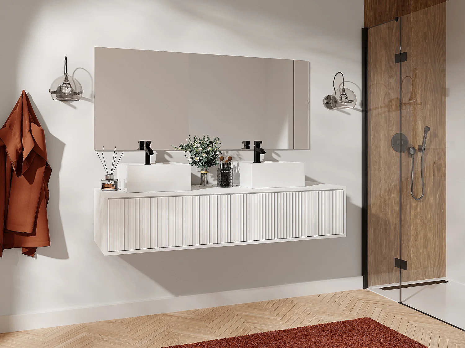 Meuble de salle de bain suspendu strié avec double vasque - Blanc - 150 cm - ARNEGA