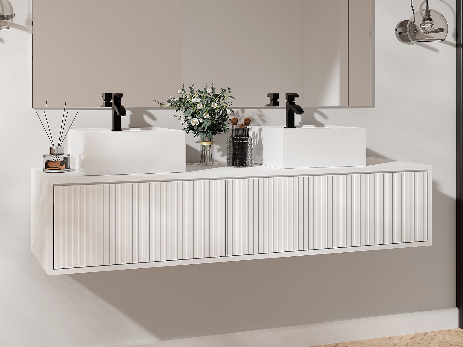 Hengende stripet baderomsmøbel med dobbel servant - Hvit - 150 cm - ARNEGA