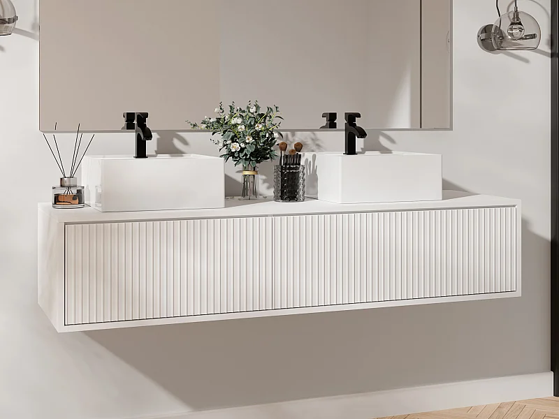 Meuble de salle de bain suspendu strié avec double vasque - Blanc - 150 cm - ARNEGA