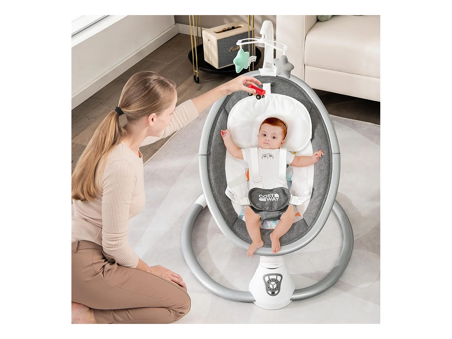 Transat Bébé Électrique avec 5 Amplitudes/Balancelle Bébé 0-6 Mois Télécommandé avec Musique, 2 Jouets, Harnais à 5 Points, Minuterie 15-60 Min, Charge 9KG-Gris