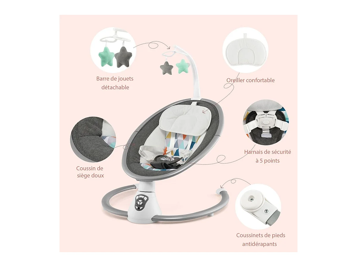 Transat Bébé Électrique avec 5 Amplitudes/Balancelle Bébé 0-6 Mois Télécommandé avec Musique, 2 Jouets, Harnais à 5 Points, Minuterie 15-60 Min, Charge 9KG-Gris