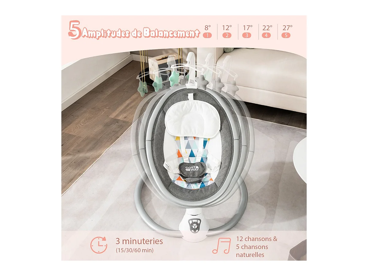 Transat Bébé Électrique avec 5 Amplitudes/Balancelle Bébé 0-6 Mois Télécommandé avec Musique, 2 Jouets, Harnais à 5 Points, Minuterie 15-60 Min, Charge 9KG-Gris